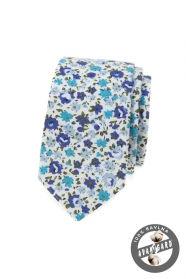 Cravată îngustă din bumbac cu flori albastre