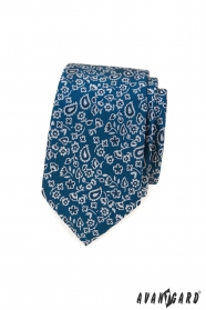 Cravată îngustă albastră cu model floral