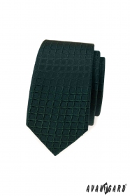 Cravată îngustă verde închis, cu model de grilă
