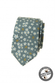 Cravată îngustă verde măsline cu model floral