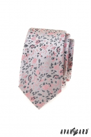 Cravată îngustă gri de lux cu model roz