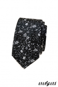 Cravată neagră îngustă cu model floral