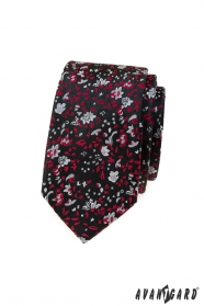 Cravată neagră îngustă cu model roșu-gri