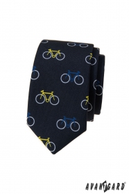 Cravată îngustă albastră, model de bicicletă colorat