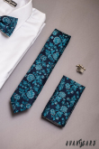 Cravată îngustă albastră cu motiv flori - latime 6 cm