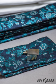 Cravată îngustă albastră cu motiv flori - latime 6 cm