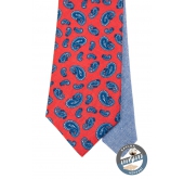 Cravata rosie din matase cu motive paisley albastre - latime 7 cm